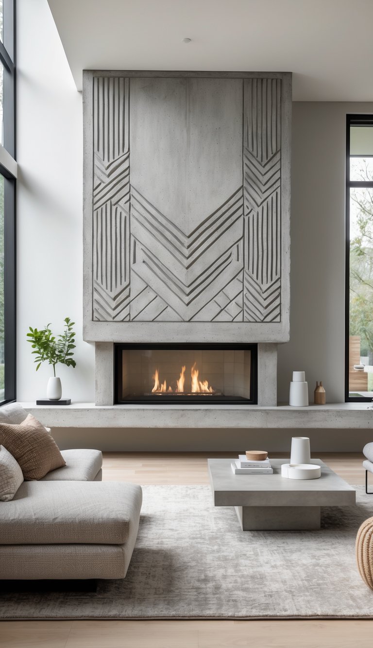 Concrete fireplace ideas featuring Art Deco carved relief panel, geometric chevron patterns, recessed linear firebox, and extended concrete hearth slab.