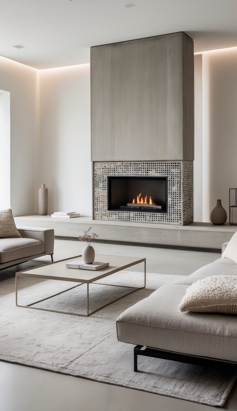 Contemporary concrete fireplace ideas showing tall concrete chimney breast, mosaic accent around linear firebox, and wide concrete hearth platform.