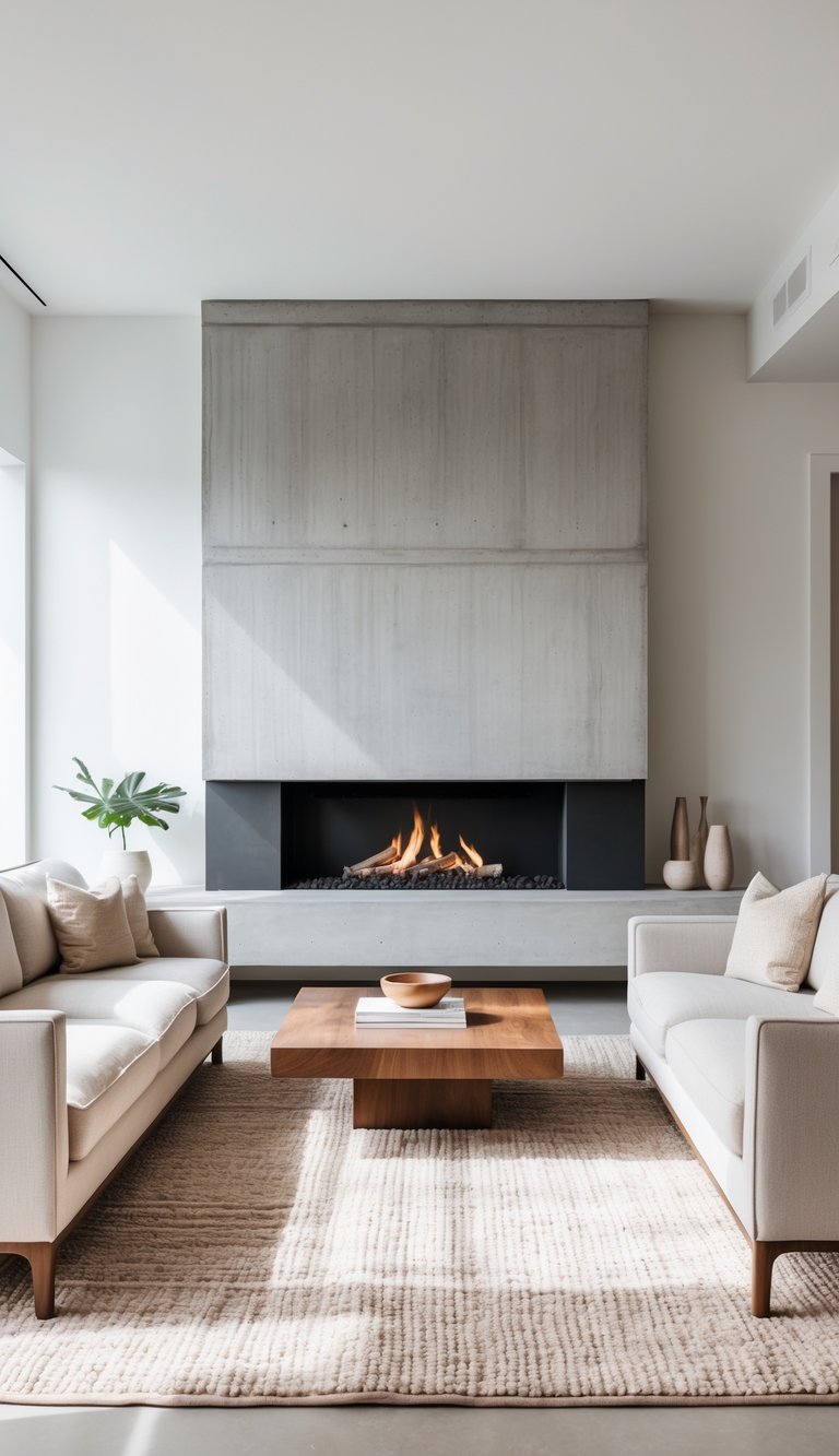 Concrete fireplace ideas with monolithic cast-in-place concrete surround, recessed black linear firebox, and thick floating concrete hearth in minimalist living room.