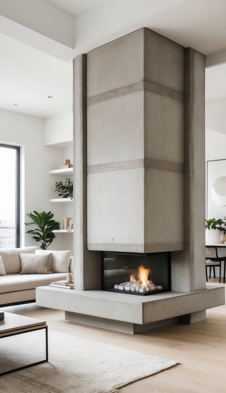 Concrete fireplace ideas with freestanding cast-in-place concrete chimney, corner glass firebox, and raised concrete hearth platform in open-plan living room.