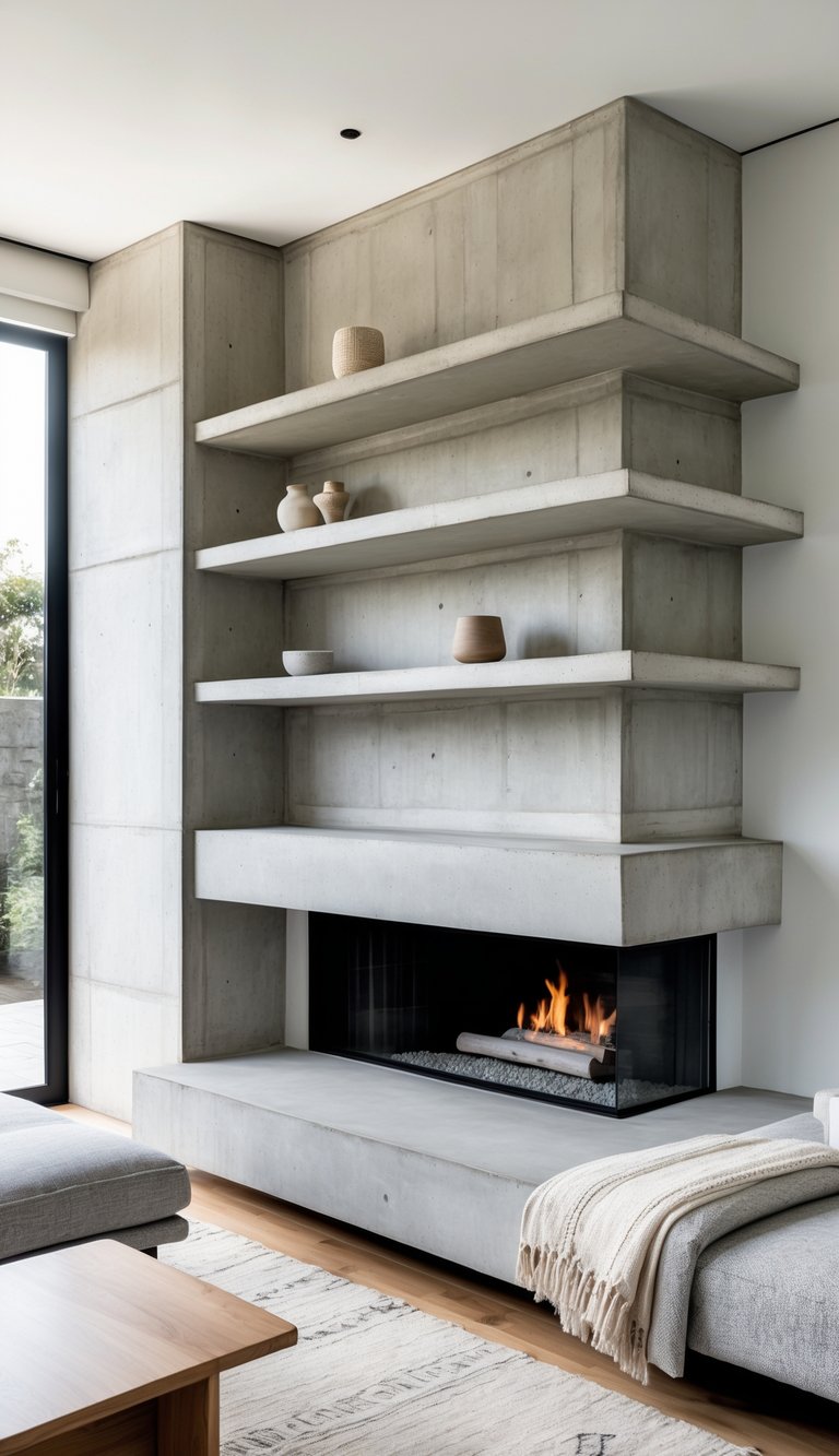 Modern concrete fireplace ideas featuring cantilevered concrete shelves above corner glass fireplace and integrated concrete hearth base.