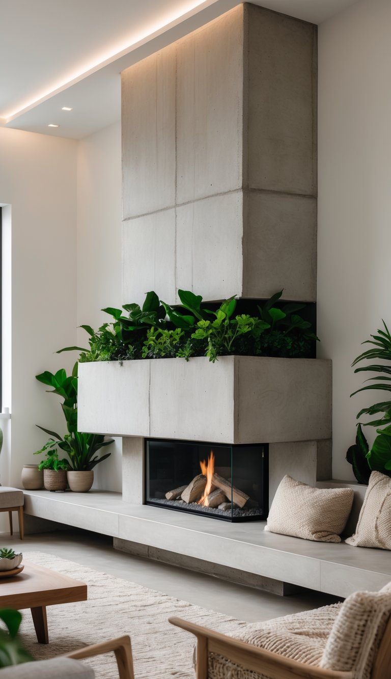 Modern concrete fireplace ideas with recessed concrete planter shelf, wraparound glass fireplace insert, and full-height concrete chimney column.