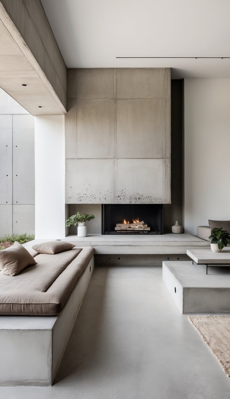 Concrete fireplace ideas with panel-formed concrete chimney, recessed black firebox, extended concrete hearth, and built-in concrete bench seating.