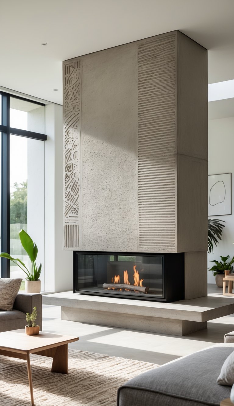 Modern concrete fireplace ideas featuring textured concrete chimney panels, ribbed detailing, and three-sided linear glass fireplace.