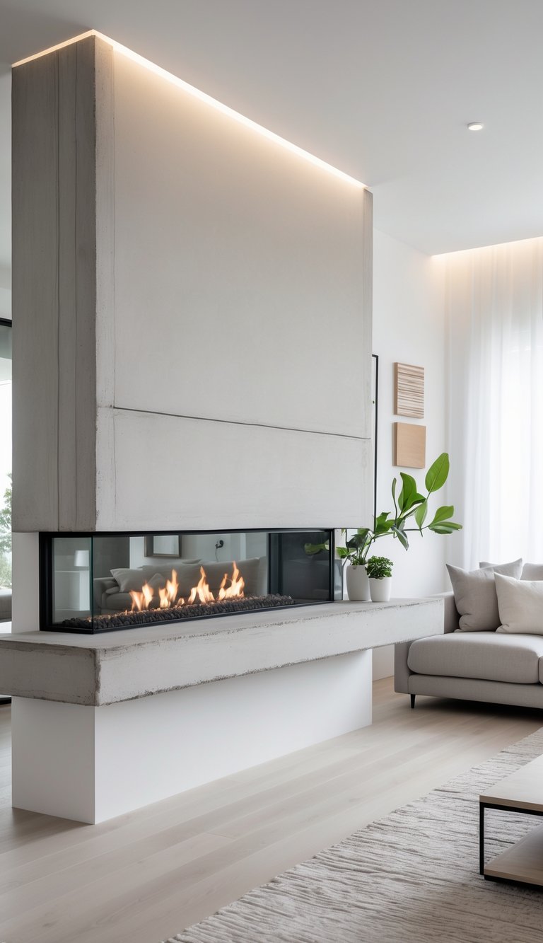 Modern concrete fireplace ideas featuring suspended concrete hearth slab, wraparound glass firebox, and panel-formed concrete chimney wall.