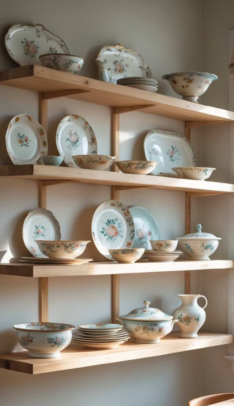 Shelves displaying an assortment of vintage ceramic dishware, including plates, bowls, and a jug, decorated with floral patterns in soft colors, arranged neatly in a well-lit setting.