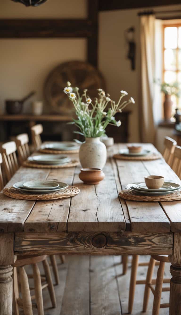 Rustic wooden dining table with distressed finish in a cozy dining room set with chairs and a vase of flowers.