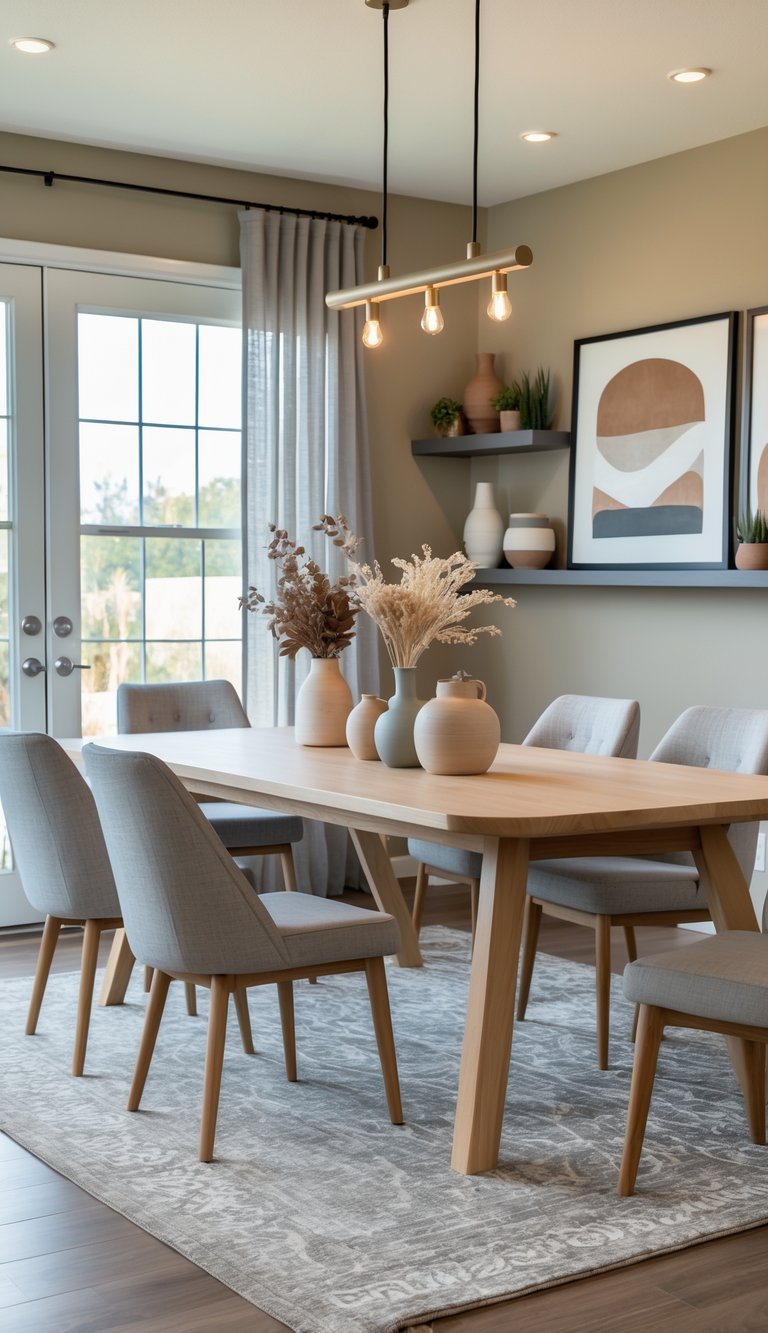 Airy transitional dining room idea featuring rectangular oak table, gray fabric chairs, floating wall shelves, neutral abstract art, brass bar pendant, ceramic decor, and vintage style rug.