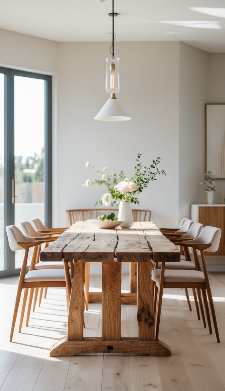 Bright transitional dining room idea with chunky reclaimed wood table, mid century wood chairs with upholstered seats, natural hardwood floors, modern glass pendant, and ceramic floral centerpiece.