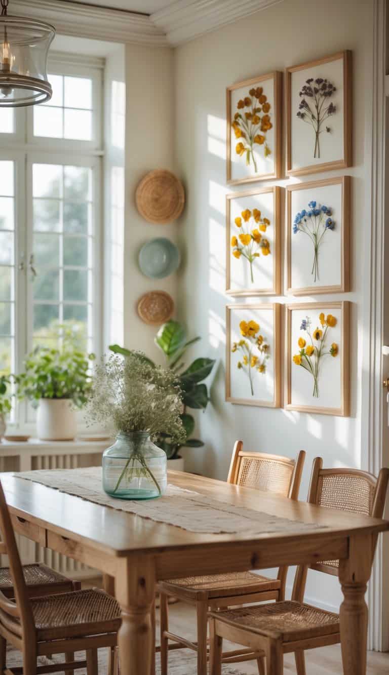 A dining room with wooden furniture and framed pressed flower artwork hanging on the walls.