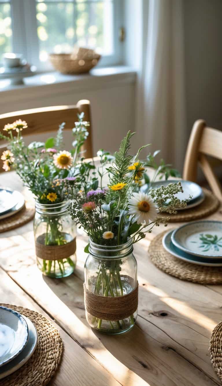 A dining table with rustic mason jars filled with wildflowers as vases, set in a cozy room with natural light.