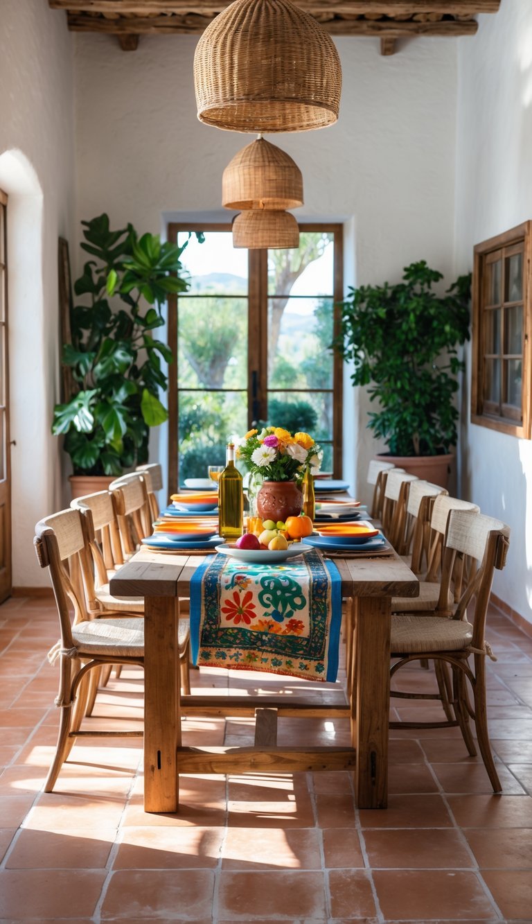 Mediterranean dining room idea featuring wood beam ceiling, terracotta tiles, rustic wood table, woven pendant lights, greenery, and patterned table runner.