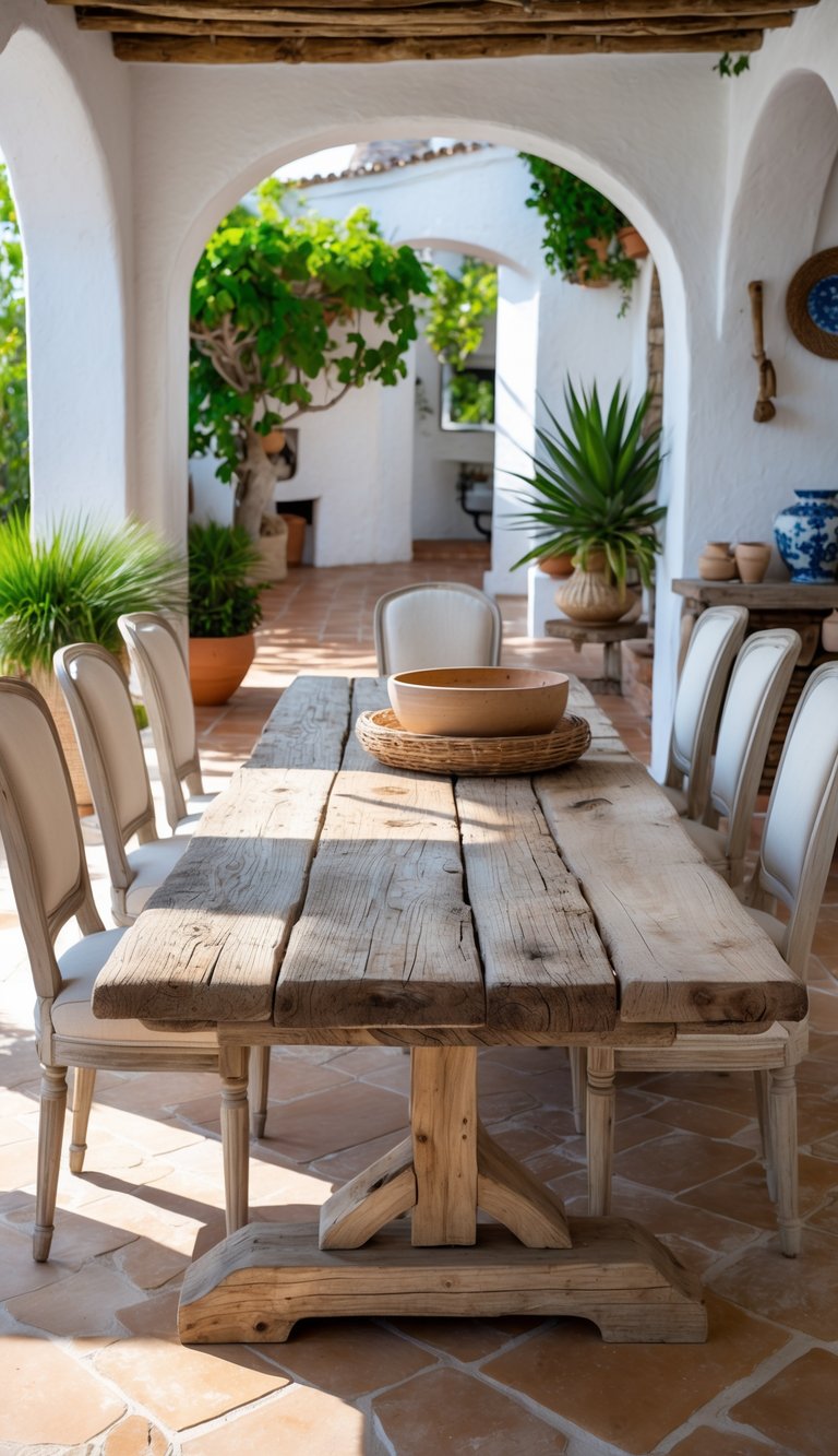 Mediterranean dining room idea with courtyard arches, timber ceiling beams, reclaimed wood table, terracotta tiles, and ceramic pottery accents.