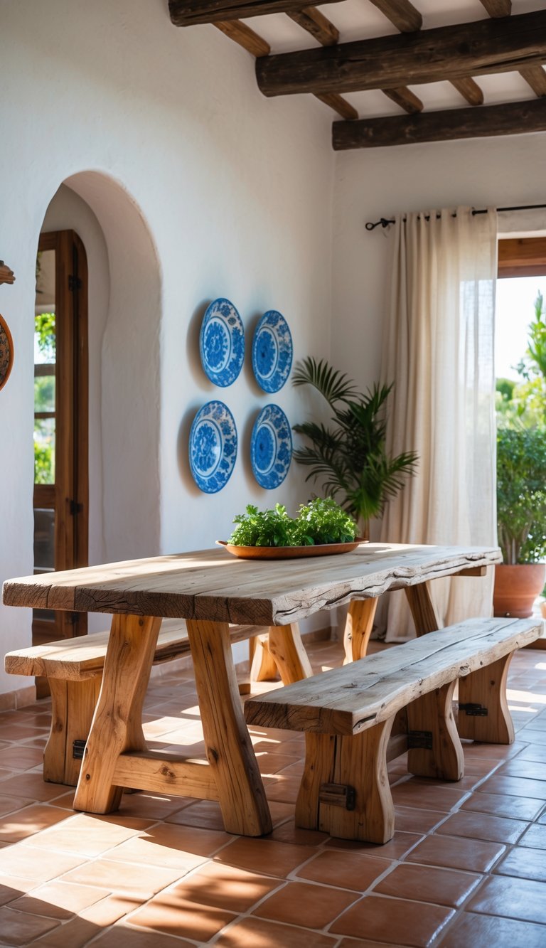 Mediterranean dining room idea featuring rustic wood table and benches, terracotta flooring, plaster walls, blue ceramic plates, and timber beam ceiling.