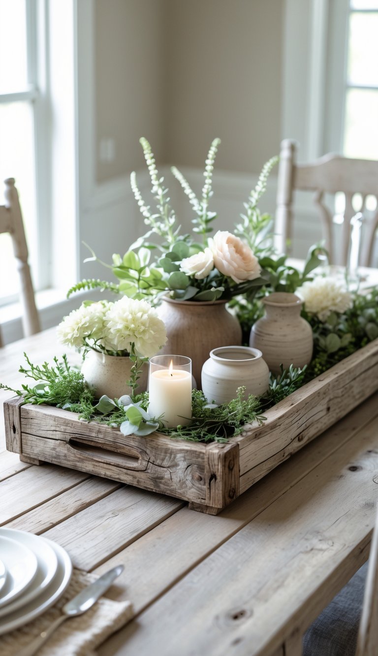 French country dining room idea with rustic wooden crate centerpiece, ceramic vases, blush peonies, white hydrangeas, greenery, and lit candle on farmhouse table.