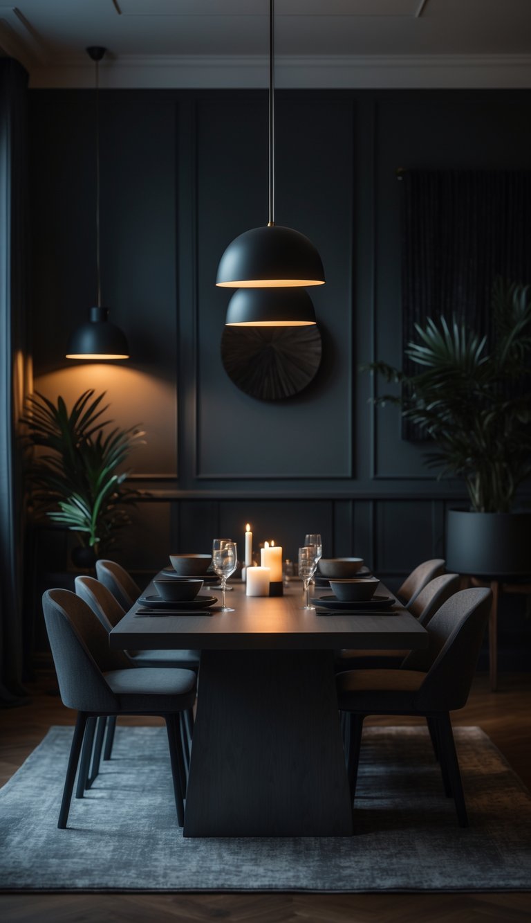 A moody dining room idea with blue-gray paneled walls, walnut plank floors, solid wood pedestal table, matte black pendant lighting, ceramic tableware, and large potted plants.