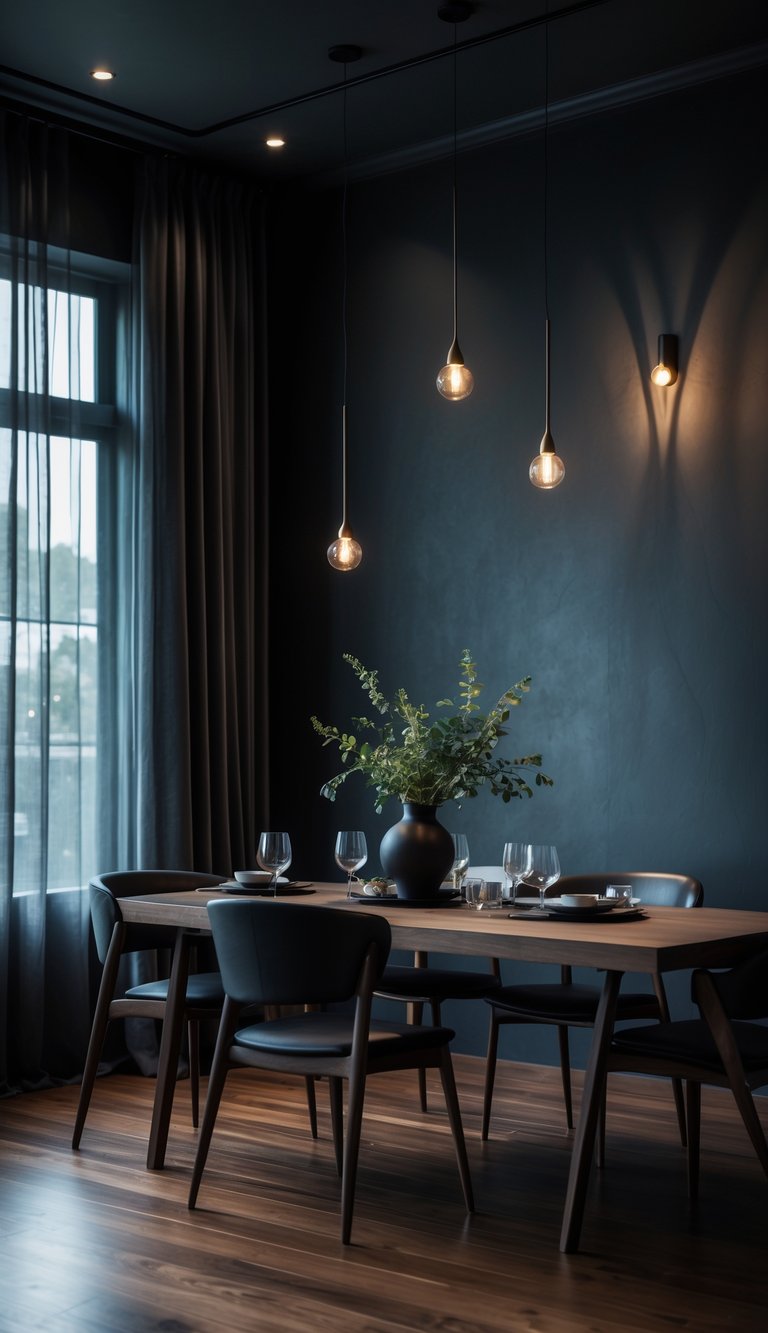 Moody dining room idea featuring teal plaster walls, walnut hardwood flooring, solid oak dining table, black metal pendant lights, molded chairs with wooden legs, and charcoal linen curtains.