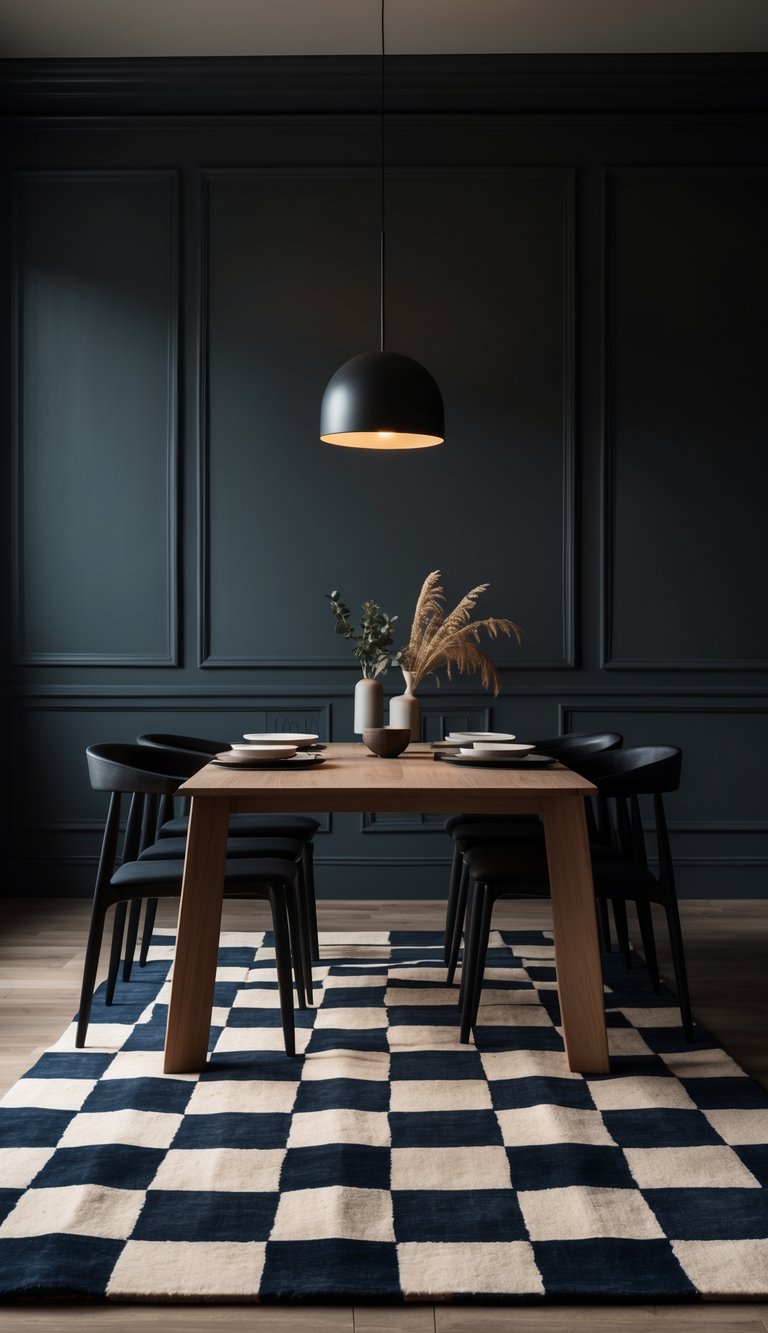 Moody dining room idea styled with ink-blue paneled walls, light oak table with angled legs, matte black chairs, dome pendant in powder-coated steel, and navy ivory checkerboard wool rug.