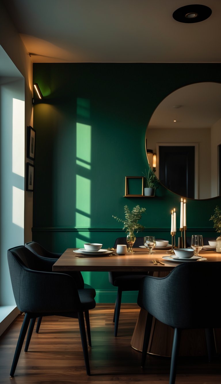 Moody dining room idea featuring emerald green painted walls, walnut wood dining table, charcoal upholstered chairs, brass taper candle holders, round wall mirror, and warm ambient wall sconces.
