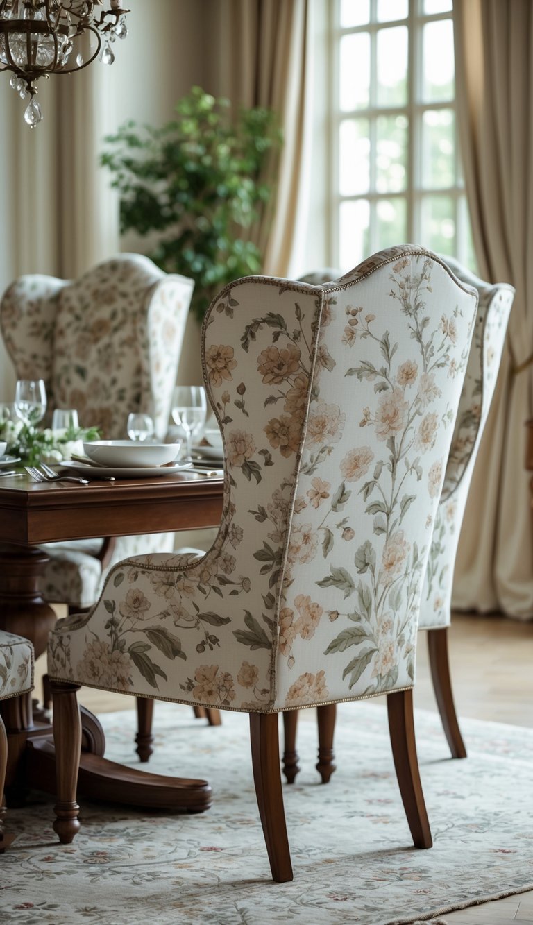 Close-up of floral wingback dining chair with nailhead trim in a French country dining room idea featuring carved wood table and crystal chandelier.