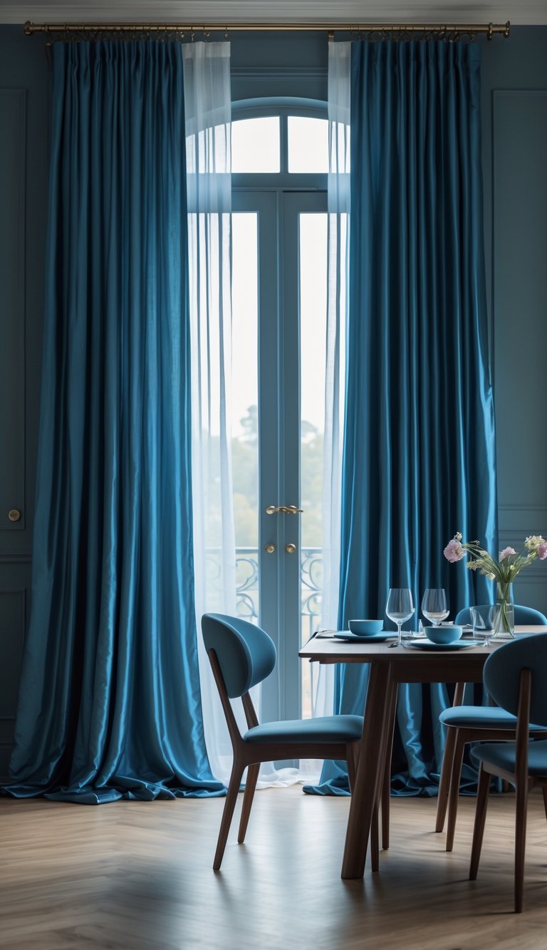 Moody dining room idea styled with sapphire blue drapes, molded blue walls, walnut dining table, upholstered dining chairs, sheer curtain panels, and modern ceramic place settings.