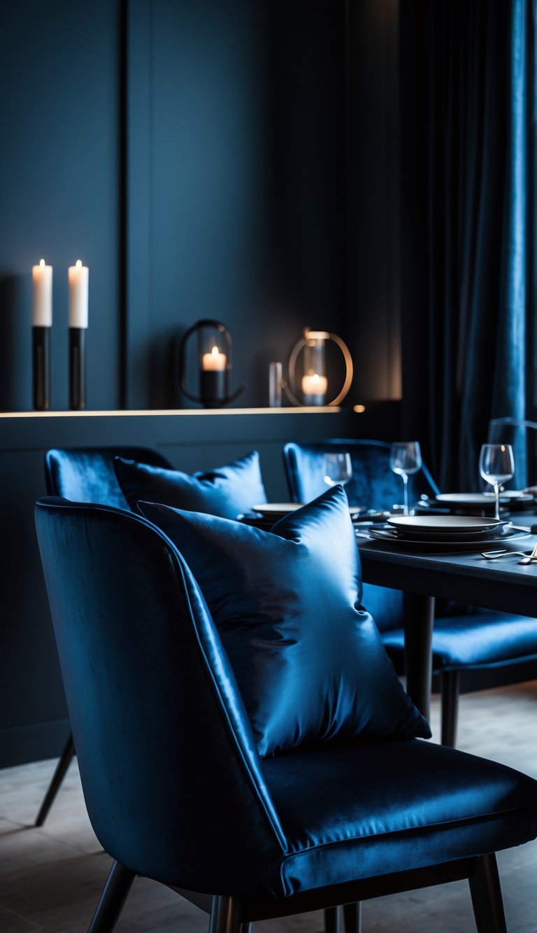 Moody dining room idea featuring sapphire velvet dining chairs, navy paneled walls, dark wood dining table, black metal candle holders, ceramic dinnerware, and heavy dark curtains.