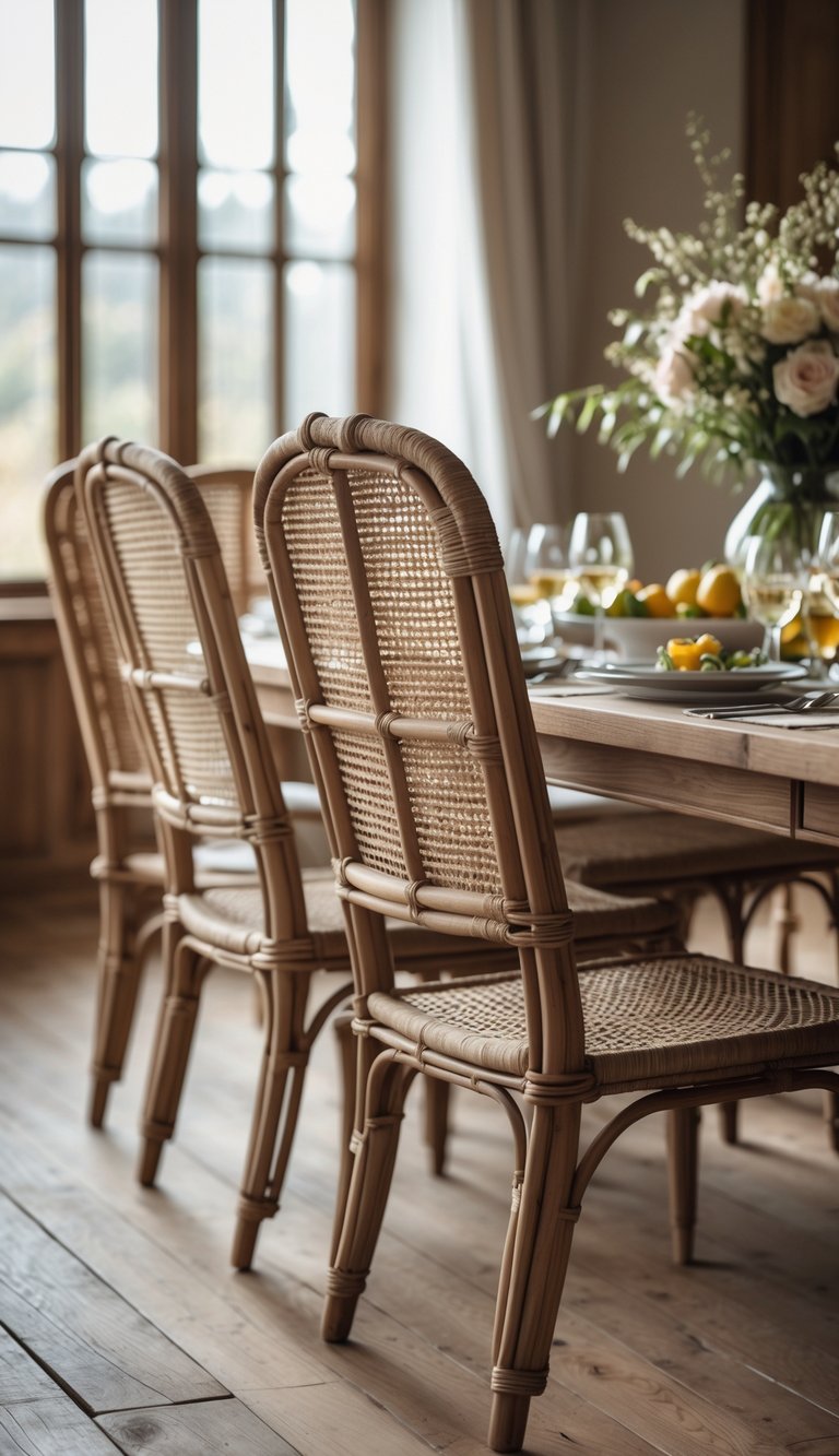 Elegant French country dining room idea with cane-back chairs, rustic wood dining table, window with divided panes, fresh flowers, wine glasses, and warm wood flooring.