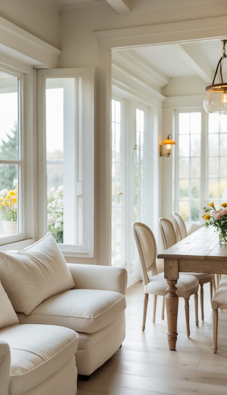 Elegant French country dining room idea featuring French doors, wall-to-wall windows, rustic wood dining table, upholstered oval-back chairs, glass pendant light, and creamy neutral palette.