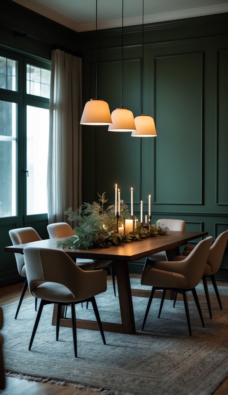 Moody dining room idea styled with dark green wall paneling, rectangular wooden dining table, neutral fabric chairs, linen curtains, layered candles, and greenery table runner.