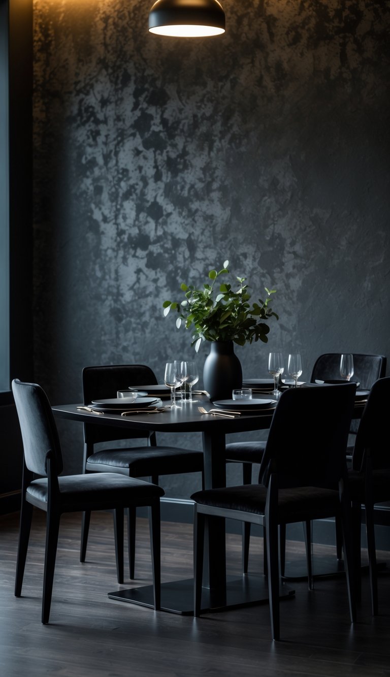 A modern dining area featuring a dark, textured wall and a sleek black dining table surrounded by upholstered chairs. The table is set with dishes and glasses, and a vase with fresh greenery adds a touch of color. A pendant light hangs above the table, illuminating the space.