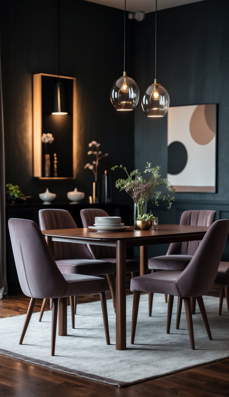 A dining room with muted mauve chairs around a wooden table under warm lighting.Moody dining room idea styled with dark paneled walls, walnut dining table, mauve upholstered chairs, glass pendant lighting, textured area rug, hardwood flooring, and illuminated wall niche decor.