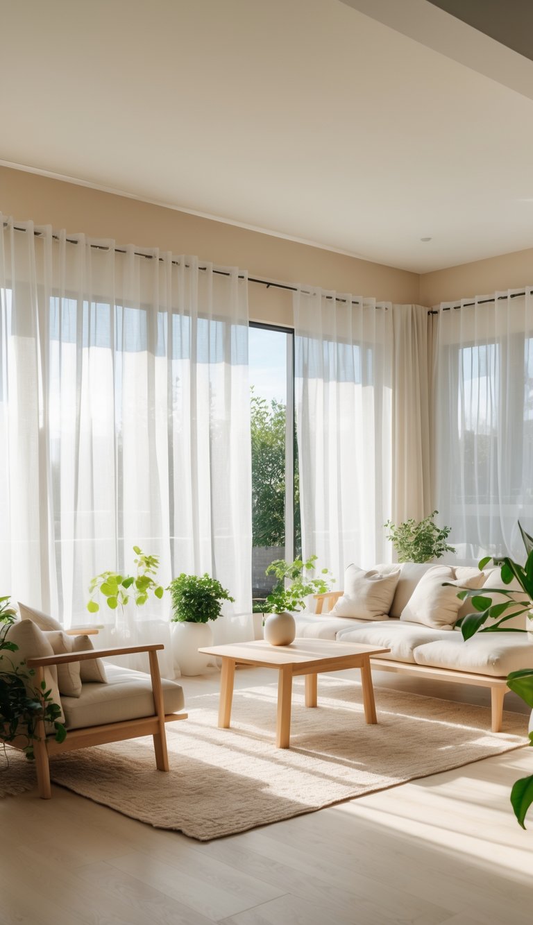 A bright living room with large windows covered by sheer curtains, wooden furniture, and green plants.