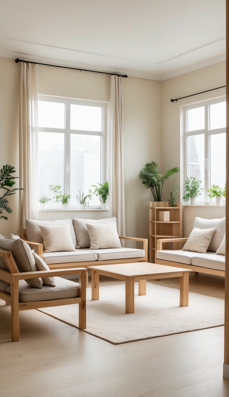 A bright living room with low wooden furniture, neutral cushions, green plants, and natural light coming through large windows.