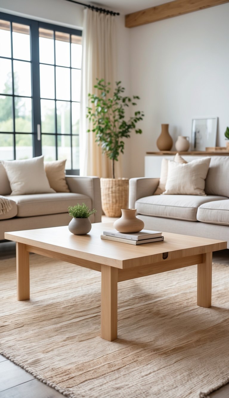 A bright living room with a natural wood coffee table surrounded by a sofa and armchair, featuring soft cushions and a textured rug.