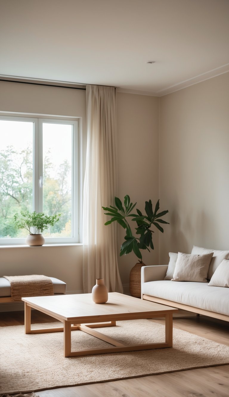 A bright living room with a wooden coffee table, neutral sofa, green plant near a large window, and minimal decor creating a clean and calm space.