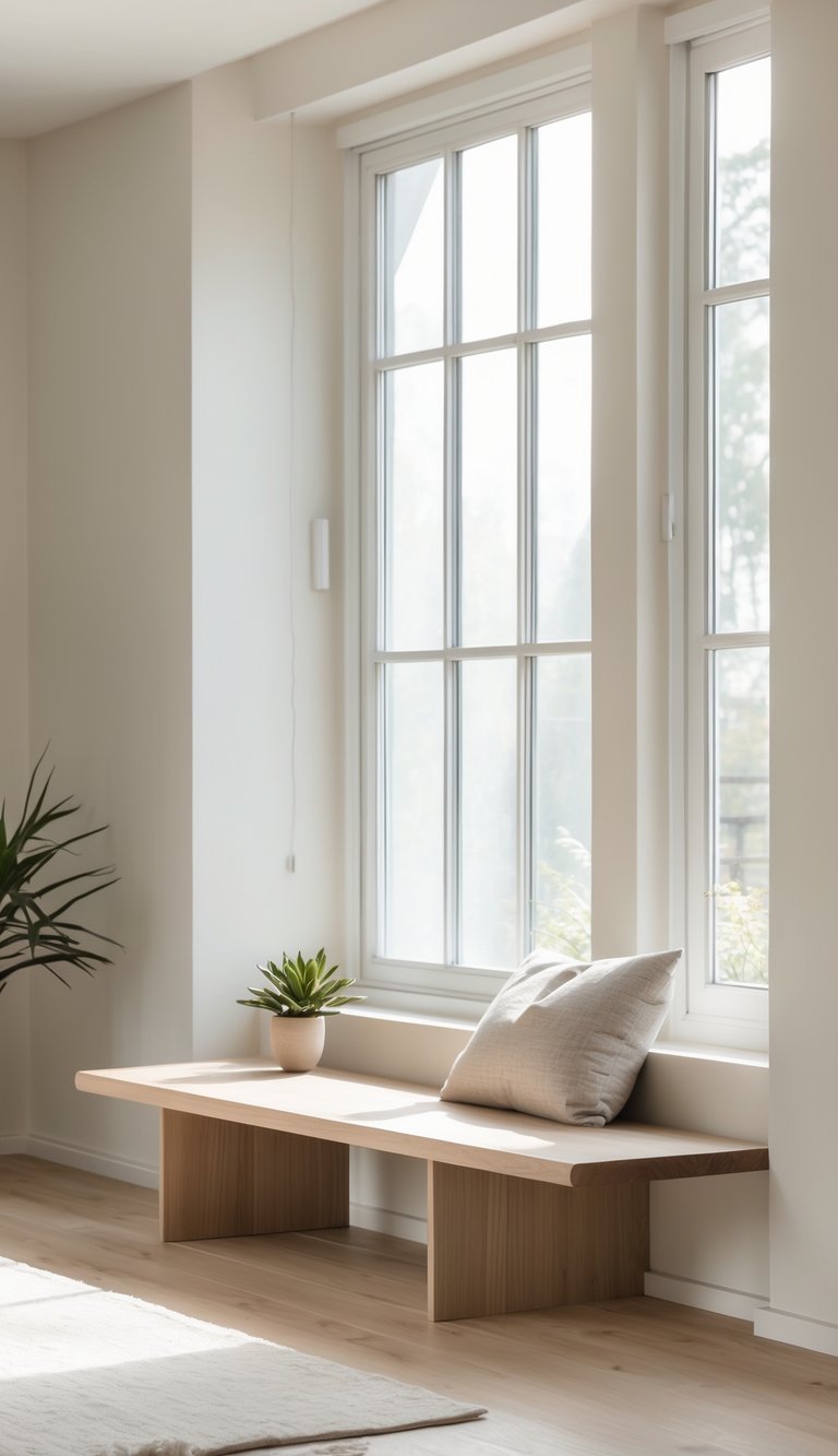 A simple low wooden bench placed next to a large window in a bright living room with natural light.