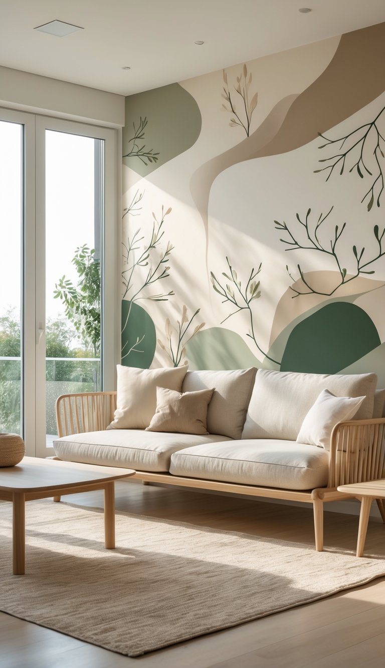 A calm living room with a large abstract nature-inspired wall mural, wooden furniture, and natural light coming through windows.