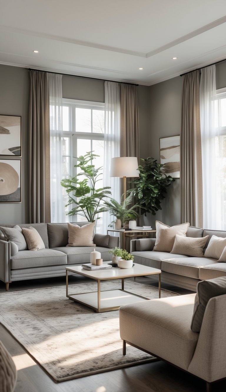 A spacious living room with a sofa, coffee table, area rug, large windows, and indoor plants.