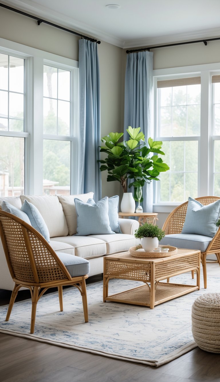 A bright living room with a sofa, cane chairs, cushions, coffee table, and plants.
