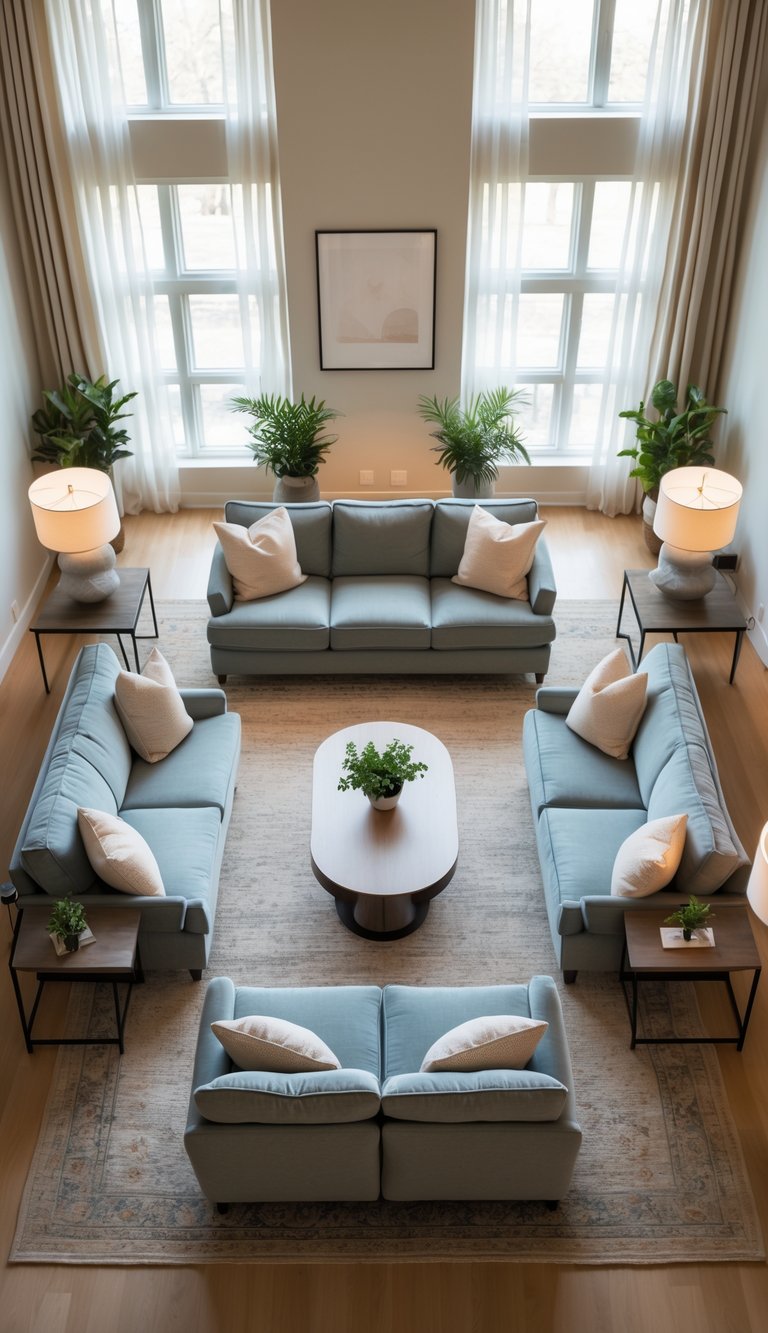 A living room with sofas and chairs arranged facing each other around a coffee table, designed to encourage conversation.