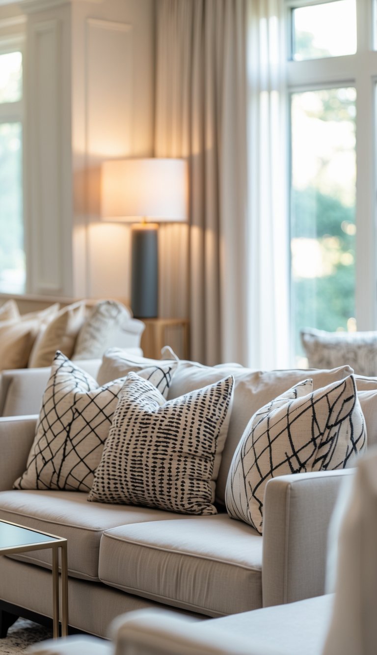 A bright living room with a sofa and armchairs decorated with geometric patterned pillows and soft textures.