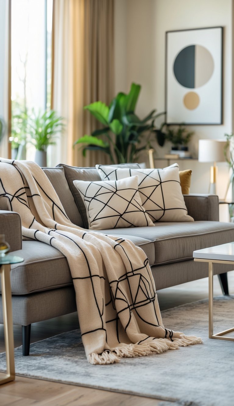 A comfortable living room with a sofa draped in patterned throws, a coffee table, plants, and natural light coming through windows.