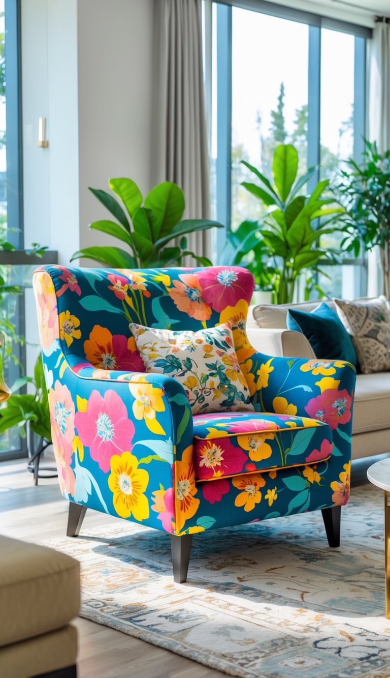 A living room with a bold floral armchair as the centerpiece surrounded by a sofa, coffee table, and indoor plants.