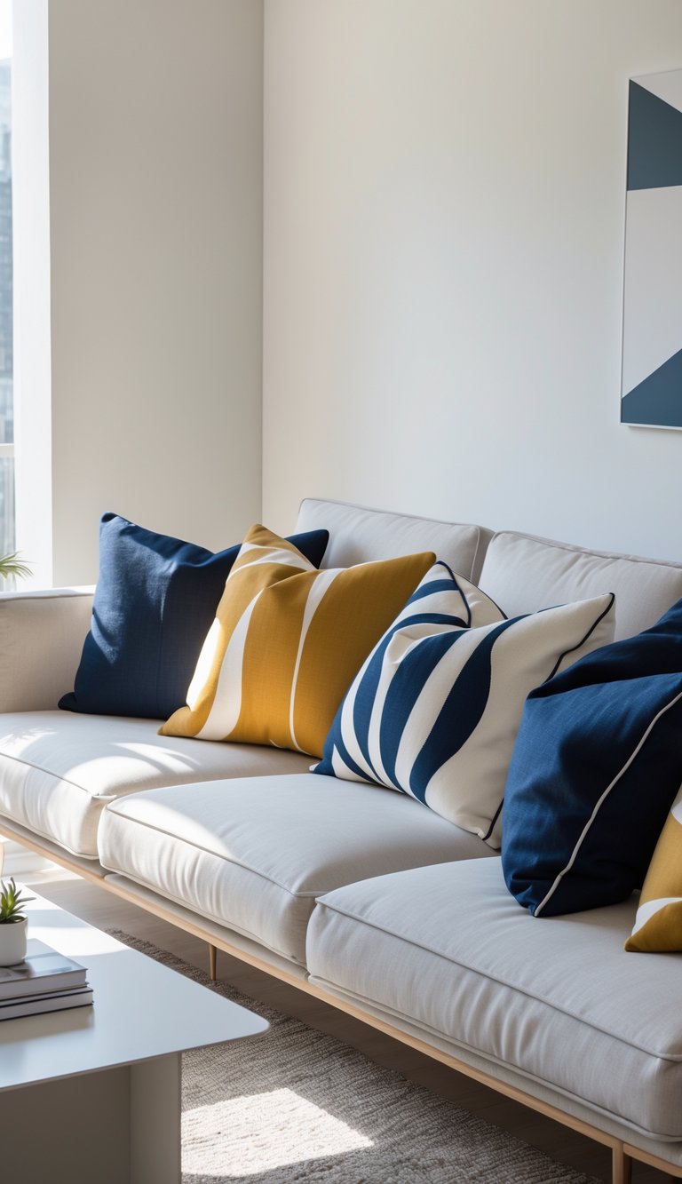 A neutral-colored couch with multiple geometric patterned cushions in a bright living room with a coffee table and natural light.