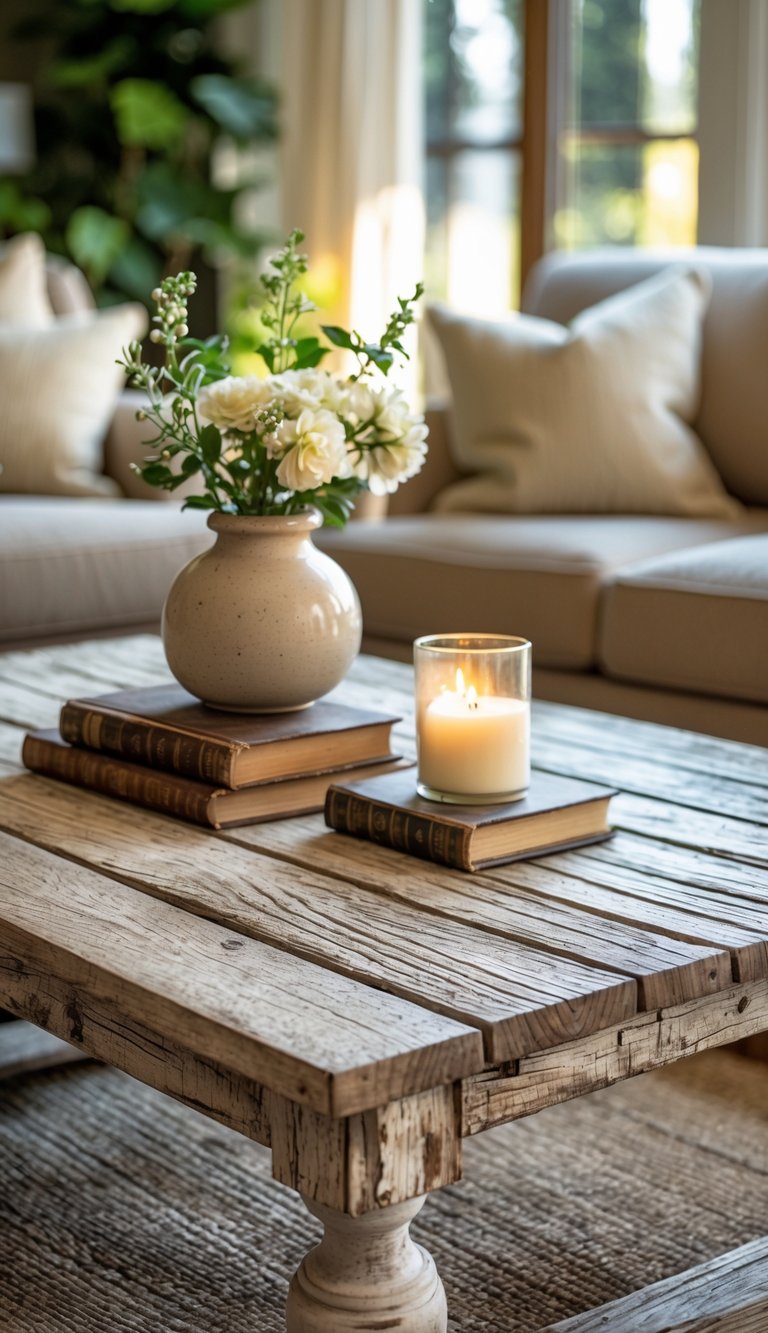 A distressed wooden coffee table in a cozy living room with decorative items and comfortable seating.