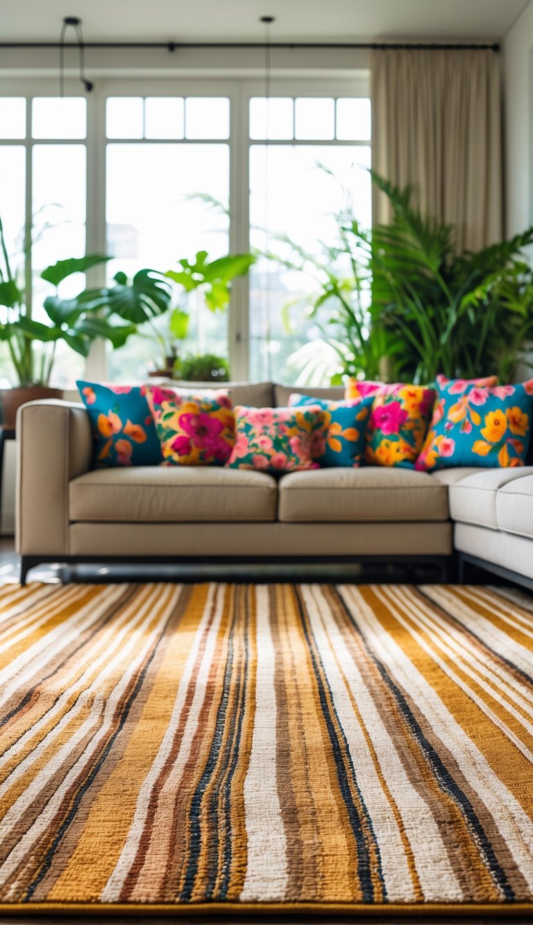 Living room with a striped patterned rug and floral cushions on a sofa, bright natural light, and indoor plants.