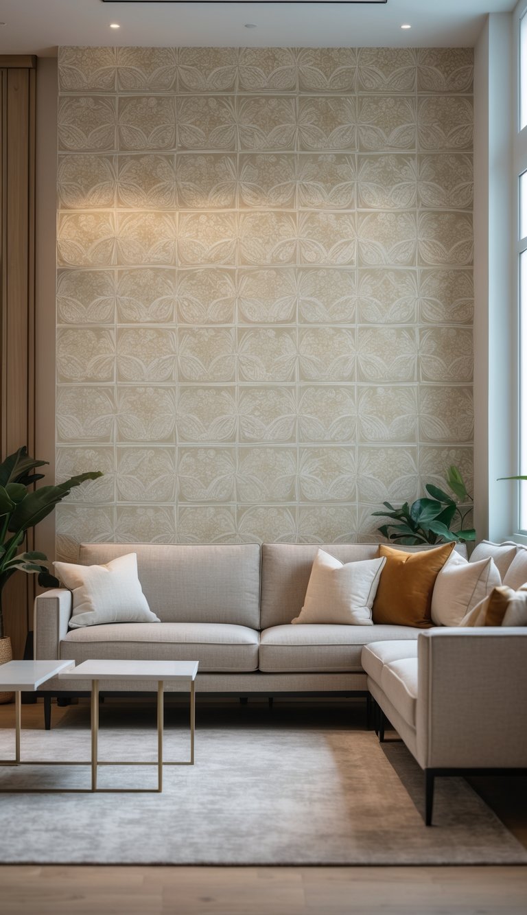 Living room with a sofa placed in front of a patterned wallpapered wall, surrounded by a coffee table and decorative cushions.