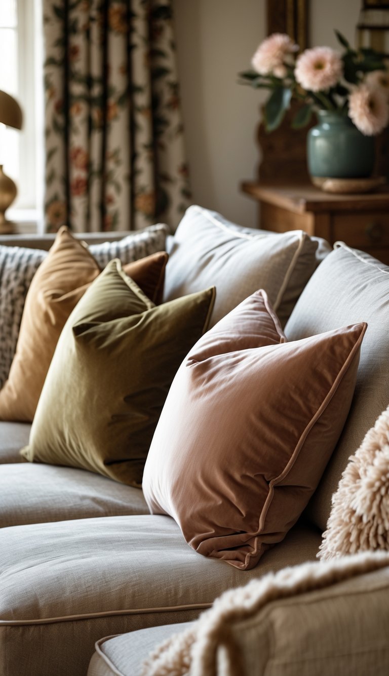 A cozy living room with soft velvet throw pillows arranged on a sofa and rustic wooden furniture in the background.