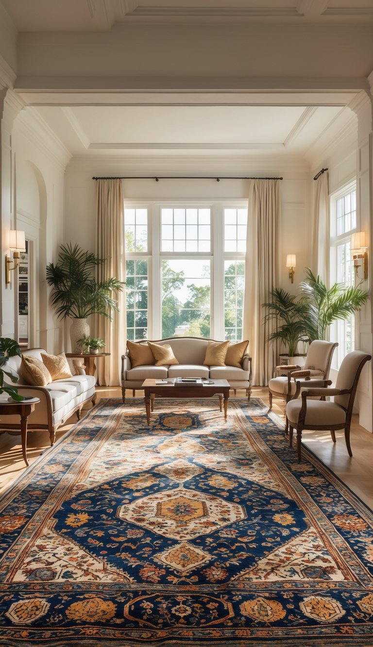 A bright living room with patterned rugs on the floor, comfortable seating, a wooden coffee table, and plants near large windows.