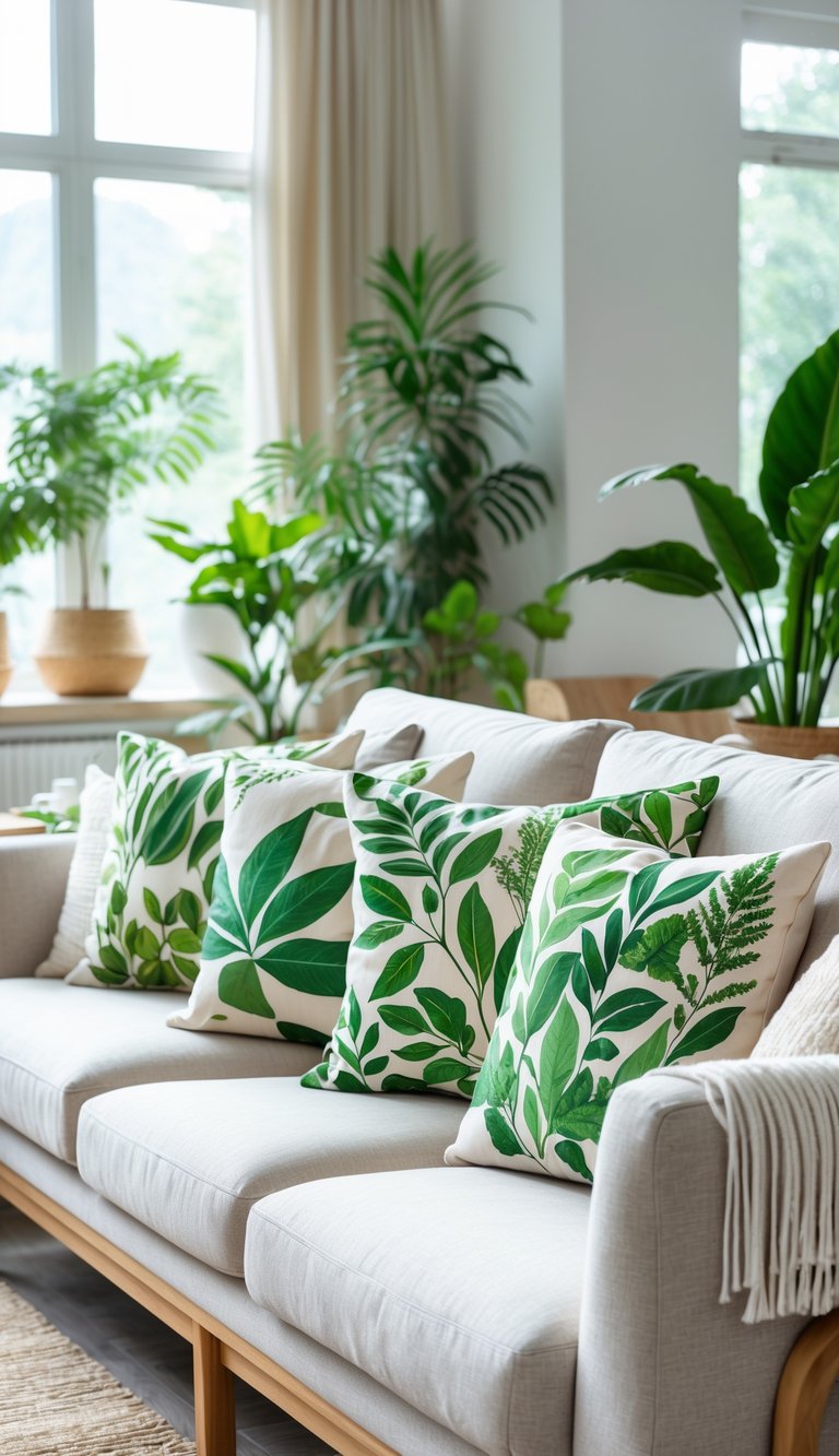 Living room with a sofa decorated with botanical print cushions and plants around the space.